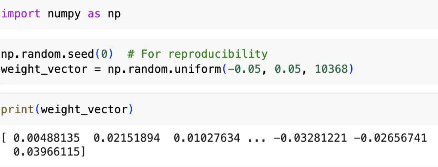 Google Colab output showing the first values of the randomly initialized weight vector