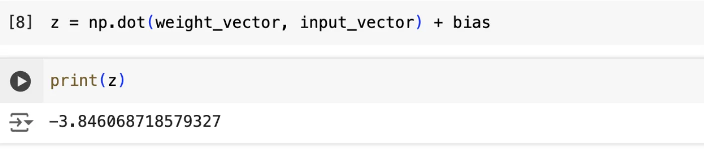 Google Colab output showing the resulting weighted sum z