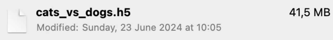 Finder file size for cats_vs_dogs.h5, only a few dozen megabytes