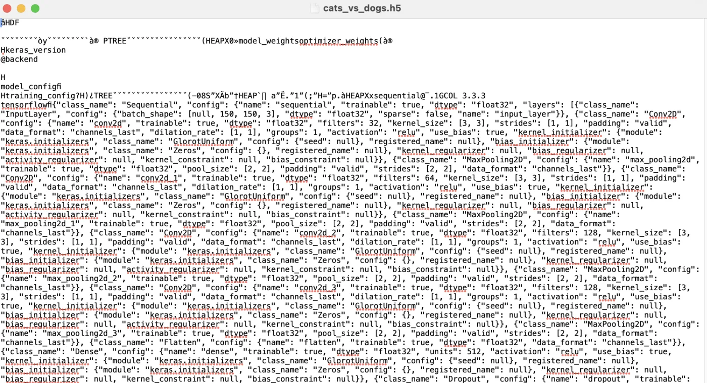 Raw binary contents of the .h5 model file opened in a text editor
