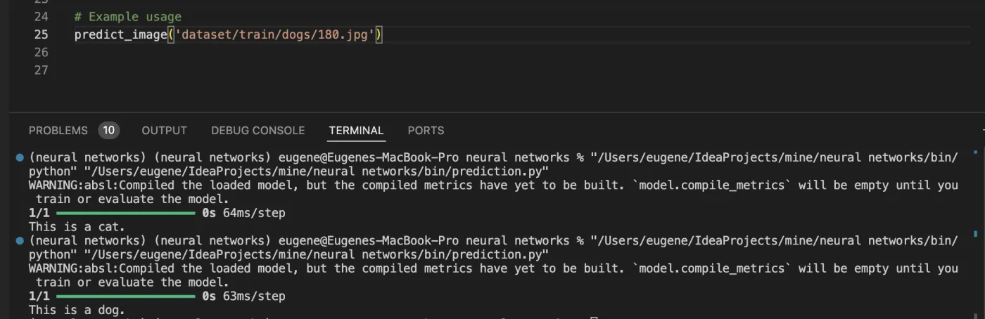 Console output correctly predicting a training-set dog image as a dog