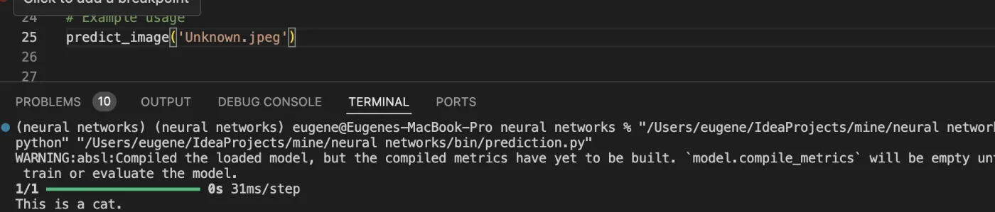 Console output correctly predicting the Google image as a dog