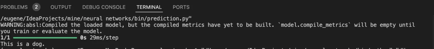 Console output correctly predicting the second dog photo as a dog