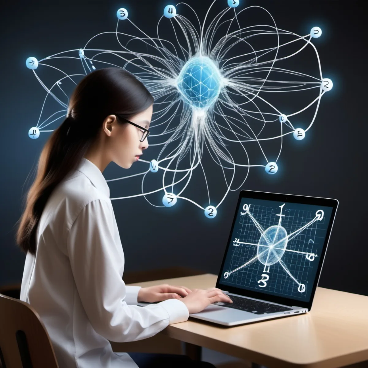 Illustration of a person at a laptop with an abstract neural-network visualization overhead